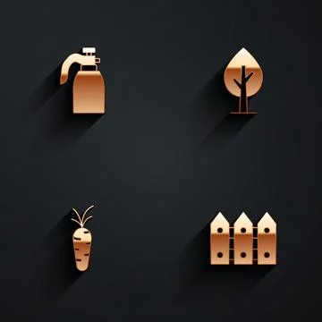 Set Garden sprayer for water, Tree, Carrot and fence wooden icon with long .. Stock Illustration