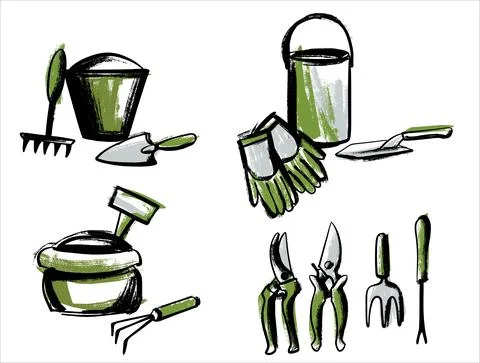 A set of garden tool compositions. Preparation for planting seeds. Illustration Stock Illustration