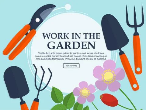 Set of garden tools and plants on a light background with place for your text Illustrazione stock