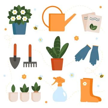 Set of garden tools and plants. Gardening or horticulture concept Stock Illustration