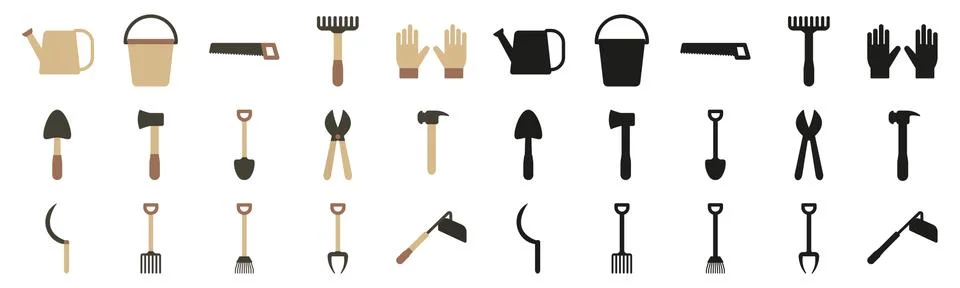 A set of garden tools in a flat style and silhouettes. Vector illustration of Illustrazione stock