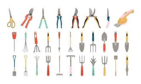 Set of garden tools. Scissors, pruner, shovel, rake, pitchfork. Hand drawn ve Stock Illustration