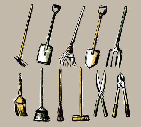 A set of garden tools. Shovel rake pitchfork broom and scissors. Illustration in Stock Illustration