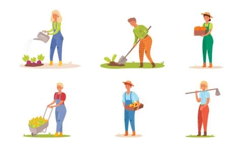 Set of gardeners working on the farm. Vector illustration in flat cartoon style. Stock Illustration