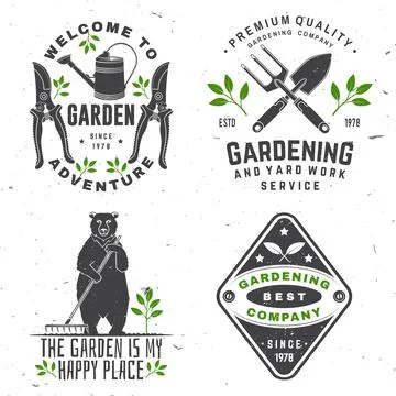 Set of gardening and yard work services emblem, label, badge, logo. Vector .. Stock Illustration