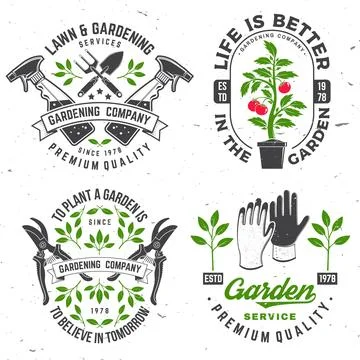 Set of gardening and yard work services emblem, label, badge, logo. Vector. F Stock Illustration