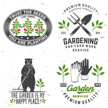 Set of gardening and yard work services emblem, label, badge, logo. Vector .. Stock Illustration