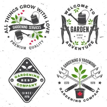 Set of gardening and yard work services emblem, label, badge, logo. Vector il Stock Illustration