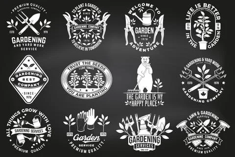Set of gardening and yard work services emblem, label, badge, logo on chalk.. Stock Illustration