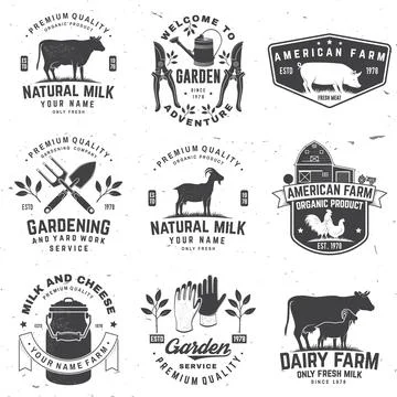 Set of gardening and yard work services and American Farm Badge or Label. V.. Stock Illustration