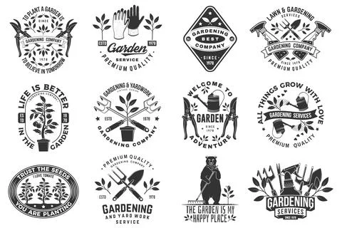 Set of gardening and yard work services emblem, label, badge, logo. Vector il Stock Illustration