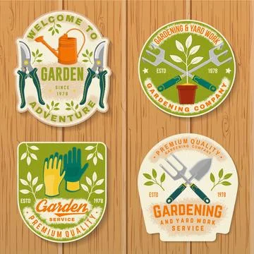 Set of gardening and yard work services emblem, label, patch, sticker. Vect.. Stock Illustration