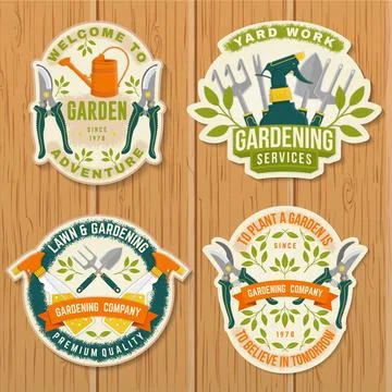 Set of gardening and yard work services emblem, label, patch, sticker. Vect.. Stock Illustration