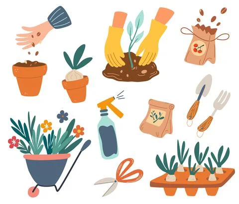 Set of Gardening elements. Cute garden work elements: tools, seeds, flower po Stock Illustration