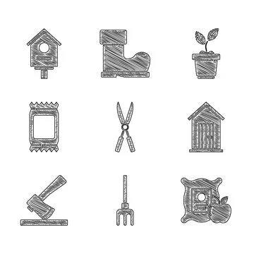 Set Gardening handmade scissors, rake, Apple the sack, Farm house, Wooden a.. Stock Illustration