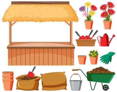 Set of gardening items on white background Stock Illustration
