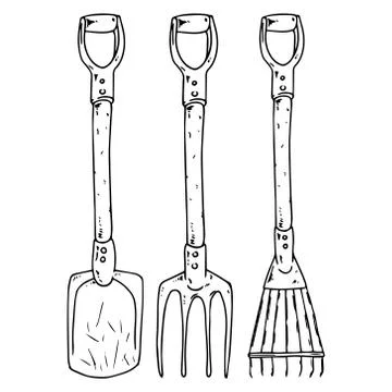 Set of gardening tools icon. Vector illustration of a shovel and rake. Hand d Stock Illustration