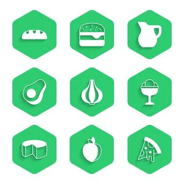Set Garlic, Plum fruit, Slice of pizza, Ice cream in the bowl, Cheese, Avocado Stock Illustration