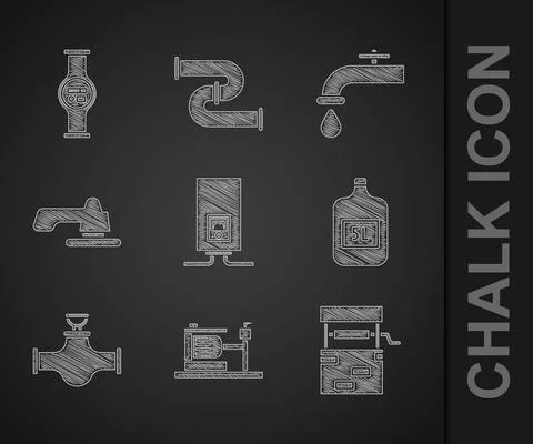 Set Gas boiler with a burning fire, Electric water pump, Well, Big bottle clean Illustration