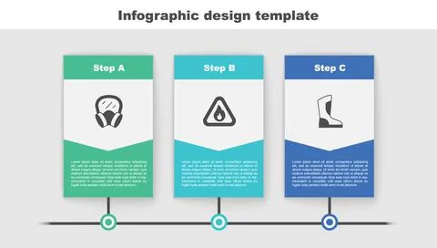 Set Gas mask, Fire flame in triangle and boots. Business infographic template Illustrazione stock