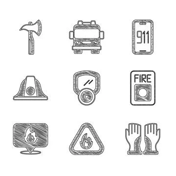Set Gas mask, Fire flame in triangle, Firefighter gloves, alarm system, Locat Illustrazione stock