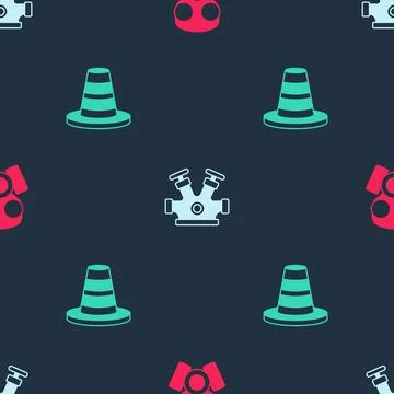 Set Gas mask, Fire hydrant and Traffic cone on seamless pattern. Vector 스톡 일러스트