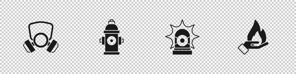 Set Gas mask, Fire hydrant, Flasher siren and Hand holding fire icon. Vector Stock Illustration