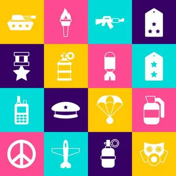 Set Gas mask, Hand grenade, Military rank, M16A1 rifle, smoke, reward medal Stock Illustration