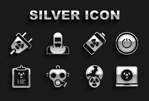 Set Gas mask, Power button, Nuclear laptop, Planet earth and radiation Illustrazione stock