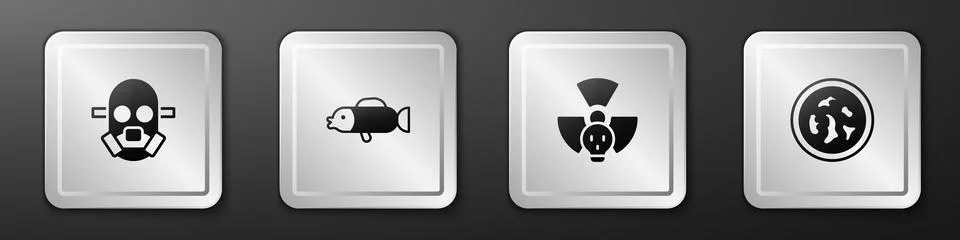 Set Gas mask, Puffer fish, Radioactive and Petri dish with bacteria icon. Silver Stock Illustration