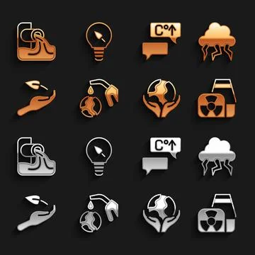 Set Gas pump nozzle and globe, Storm, Nuclear power plant, Hand holding Earth Ilustração Stock