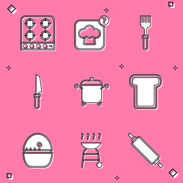 Set Gas stove, Chef hat, Fork, Knife, Cooking pot, Bread toast, Kitchen tim.. Stock Illustration