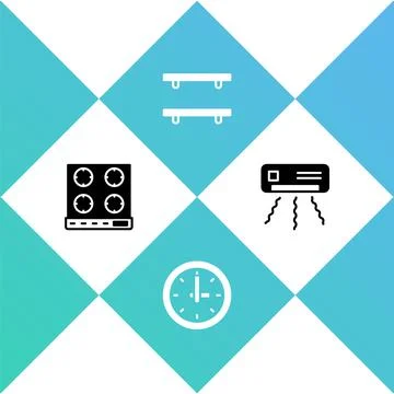 Set Gas stove, Clock, Empty wooden shelves and Air conditioner icon. Vector Stockillustratie