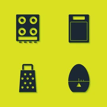 Set Gas stove, Kitchen timer, Grater and Cutting board icon. Vector 스톡 일러스트