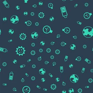 Set Gauge scale, Battery, Virus and Earth globe on seamless pattern. Vector Illustrazione stock