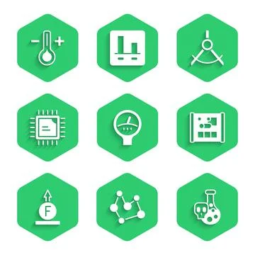 Set Gauge scale, Chemical formula, Test tube with toxic liquid, Graphing paper Stock Illustration