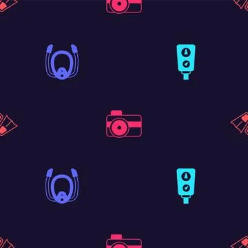 Set Gauge scale, Diving mask with snorkel, Photo camera for diver and Flippers Illustrazione stock