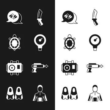 Set Gauge scale, Turtle, Flippers for swimming, Diving knife, Photo camera diver Stock Illustration