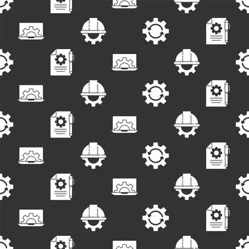 Set Gear and arrows as workflow, Document settings and pen, Laptop and gear and Stock Illustration