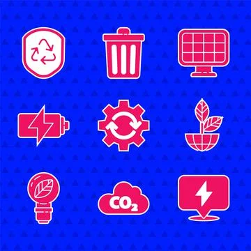 Set Gear and arrows as workflow, CO2 emissions in cloud, Lightning bolt, Earth Stock Illustration