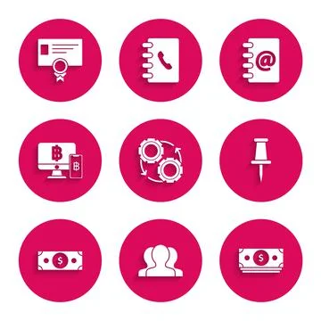 Set Gear and arrows as workflow process concept, Users group, Stacks paper money Stock Illustration