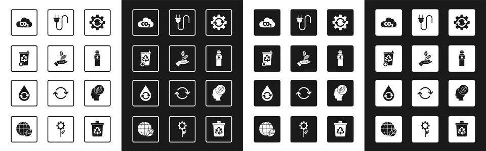 Set Gear and arrows as workflow, Plant in hand, Recycle bin with recycle, CO2 Illustrazione stock