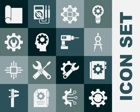 Set Gear and arrows as workflow, User manual, Drawing compass, Processor, Human Stock Illustration