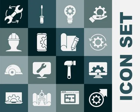 Set Gear and arrows as workflow process, Computer monitor gear, Light bulb Stock Illustration