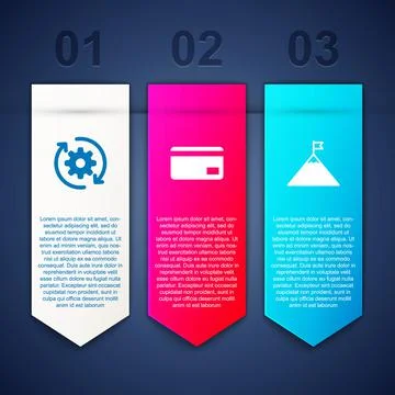 Set Gear and arrows as workflow, Credit card and Mountains flag. Business Stock Illustration