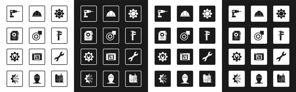 Set Gear and arrows as workflow, process, Document settings pen, Electric drill Stock Illustration