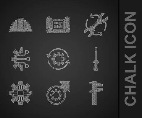 Set Gear and arrows as workflow, process, Calliper caliper scale, Screwdriver Illustrazione stock