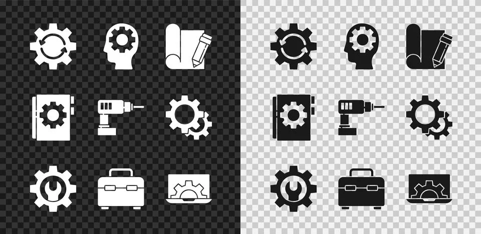 Set Gear and arrows as workflow, Human head with gear inside, Graphing paper Stock Illustration