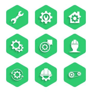 Set Gear and arrows as workflow process, Worker safety helmet gear, Timing be Illustrazione stock