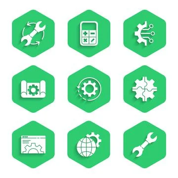 Set Gear and arrows as workflow, Globe of the Earth gear, Wrench spanner, Bro Stock Illustration